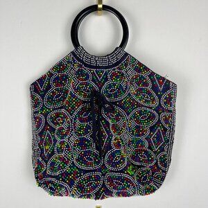 1970s multicolor beaded tote bag with circular handles